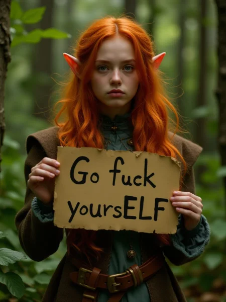 A portrait of a elf holding a sign, with "Go fuck yoursELF" written on it, in the forest, long red hair, elf ears, bit grumpy,  <lora:Copax_Realistic_Dreamlight_fp8:0.8>