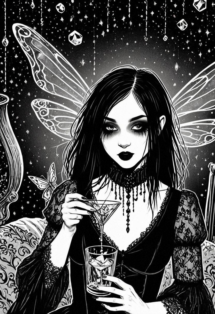 gothic, digital illustration, flat colors, line art, black and white, pretty 18 year old goth girl holding crystal glass of Absinth, small luminous fairies fly above her, intoxicated, sexy, creative angle,