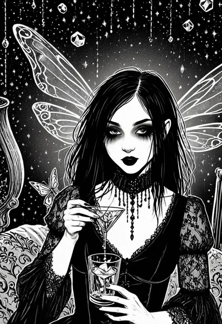 gothic, digital illustration, flat colors, line art, black and white, pretty 18 year old goth girl holding crystal glass of Absinth, small luminous fairies fly above her, intoxicated, sexy, creative angle,