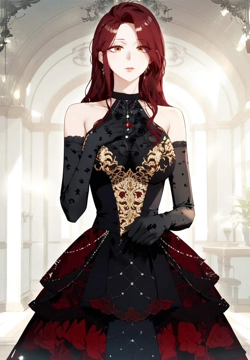 zPDXL3, score_9_up, score_8_up, score_7_up, (Anime_source),Masterpiece,(perfect female body:1.2), small waist, (incredibly detailed:1.4), slim, beautiful fingers, beautiful white skin, Beautiful clear skin, (large breasts:1.3)looking at viewer, <lora:Edith_Rudwick_-_I_Thought_its_a_Common_Possession-Kaleid_PONY:1> edithrudwick, 1girl, long hair, brown eyes, red hair,black dress, elbow gloves, bare shoulders, black gloves, dress, standing, (facing viewer:1.5)