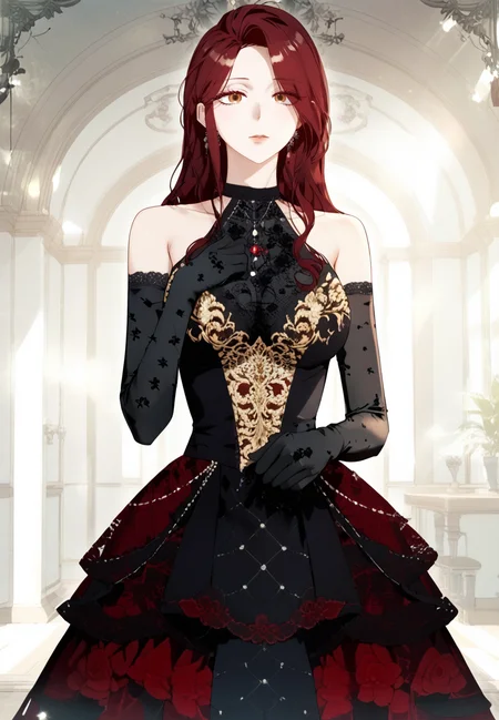 zPDXL3, score_9_up, score_8_up, score_7_up, (Anime_source),Masterpiece,(perfect female body:1.2), small waist, (incredibly detailed:1.4), slim, beautiful fingers, beautiful white skin, Beautiful clear skin, (large breasts:1.3)looking at viewer, <lora:Edith_Rudwick_-_I_Thought_its_a_Common_Possession-Kaleid_PONY:1> edithrudwick, 1girl, long hair, brown eyes, red hair,black dress, elbow gloves, bare shoulders, black gloves, dress, standing, (facing viewer:1.5)
