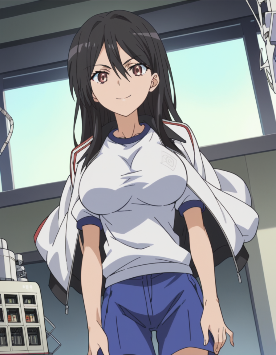 score_9, score_8_up, score_7_up, source_anime, <lora:seiri-fukiyose-indexs2-ponyxl-lora-nochekaiser:1>, seiri fukiyose, long hair, black hair, brown eyes, hair between eyes, anime screencap,, large breasts, shirt, jacket, shorts, gym uniform, blue shorts, track jacket, jacket on shoulders, gym shorts, factory, machines, workers, assembly, production, smile, hands on own knees, looking at viewer, solo,, dutch angle, cowboy shot