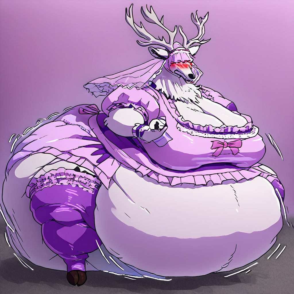 bbvicamelia, antlers, big antlers, veil, frilly veil, immobile, fat, chubby, plump, obese, large breasts, big butt, fat cheeks, wearing dr3ss, satin maid outfit, short poofy voluminous skirt, frills, apron, thighhighs, takeda hiromitsu style, diaper, big diaper, purple diaper, huge diaper, massive diaper, blue diaper, pink diaper, blush, waddle