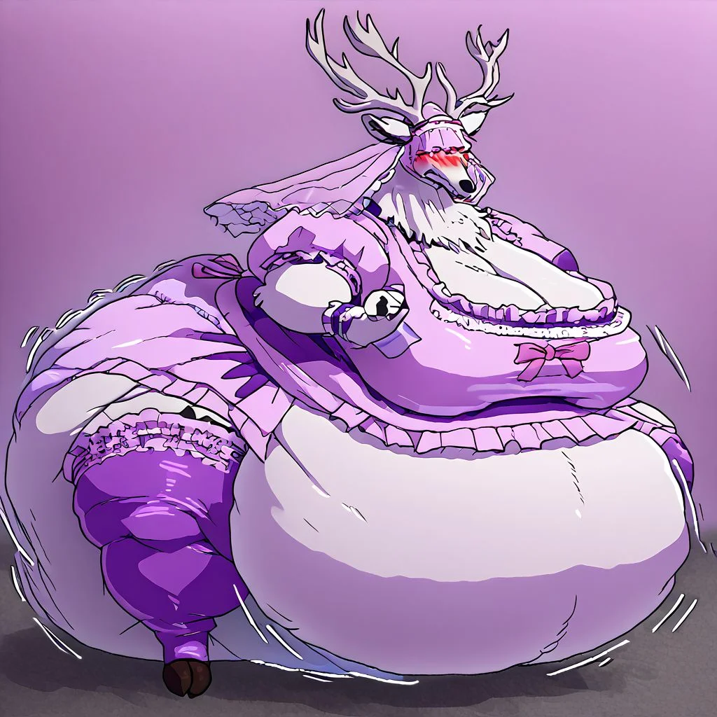 bbvicamelia, antlers, big antlers, veil, frilly veil, immobile, fat, chubby, plump, obese, large breasts, big butt, fat cheeks, wearing dr3ss, satin maid outfit, short poofy voluminous skirt, frills, apron, thighhighs, takeda hiromitsu style, diaper, big diaper, purple diaper, huge diaper, massive diaper, blue diaper, pink diaper, blush, waddle