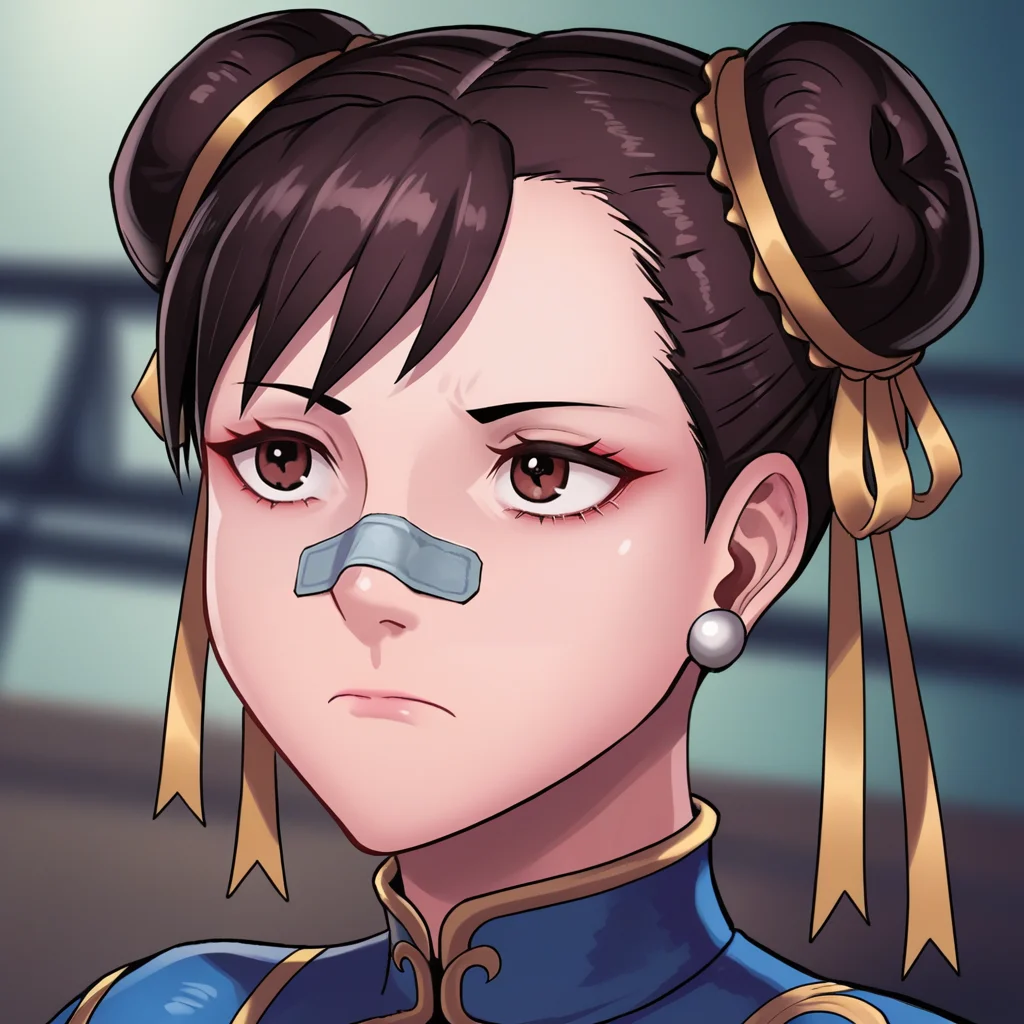 score_9, score_8_up, score_7_up, score_6_up, score_5_up, score_4_up, zPDXL2,source_anime,rating_questionable, 1girl, chun-li, <lora:Blade_Runner_Meme:1> Blad3Runner, closed mouth, portrait, bandaid on nose, bandaid on face,blurry background, pink lighting, dark scene