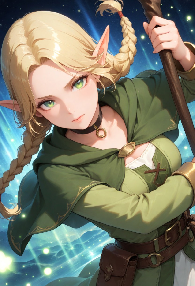 volumetric lighting, ambient occlusion, luminescent background, masterpiece, best quality, absurdres,masterpiece, best quality, very awa, absurdres,,mage
BREAK
dynamic pose,dynamic angle,upper body focus, close-up, cinematic angle, looking at viewer
BREAK
1girl,elf,blonde hair,long hair,braid,twin braids, pointy ears, green eyes, choker,capelet, dress,belt,pouch,staff,holding staff,