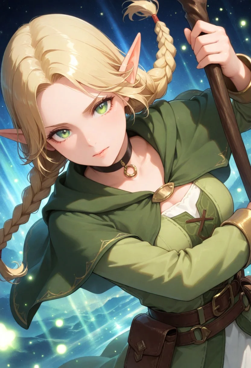 volumetric lighting, ambient occlusion, luminescent background, masterpiece, best quality, absurdres,masterpiece, best quality, very awa, absurdres,,mage
BREAK
dynamic pose,dynamic angle,upper body focus, close-up, cinematic angle, looking at viewer
BREAK
1girl,elf,blonde hair,long hair,braid,twin braids, pointy ears, green eyes, choker,capelet, dress,belt,pouch,staff,holding staff,