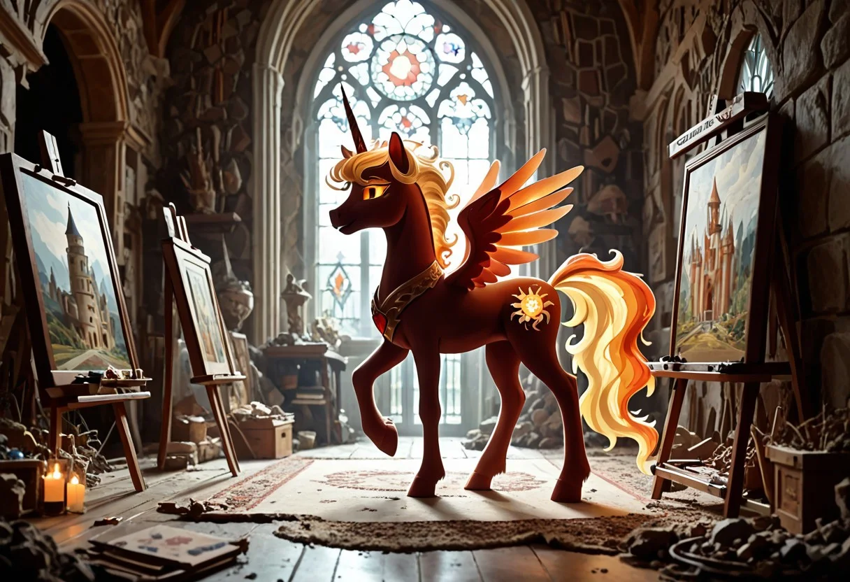 score_9, score_8_up, score_7_up, score_6_up, score_5_up, score_4_up, The dark side of Celestia, Daybreaker, alicorn pony, g5, rich colors, crystal castle, Crystal Empire, crystal heart in the center of the square, presents a painting of rabbits and pony, aroused, front view, detailed background, pony, solo, detailed, 8k quality, side view, beautiful, teasing, easel and brushes, leaned to the floor, free actions,