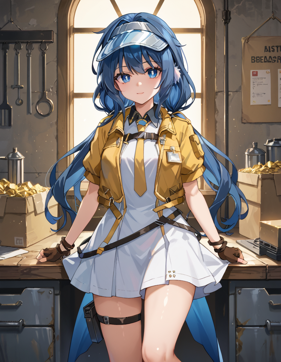 Volumetric Lighting, (masterpiece), (best quality), (ultra-detailed), masterpiece, source_anime, score_9, score_8_up, score_7_up BREAK, light depth, dramatic atmospheric lighting, Volumetric Lighting, Astesia, long hair, blue hair, blue eyes, low twintails BREAK, Astecft,def dress, def jacket, def visor cap,open jacket, cft jacket, cft dress,cft fingerless gloves, cft thigh strap BREAK, looking at viewer, workshop