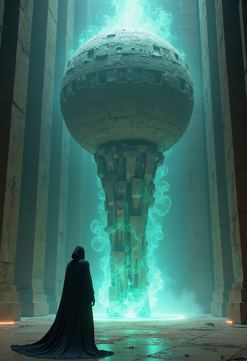 An ethereal, surreal digital illustration of an ethereal energy collector, the movement of the energy explorer. The sculpture, a fusion of ancient and modern elements, features a mysterious figure clad in a mysterious black cloak. The ethereal energy bursts from the colossal spherical structure, while the colossal structure's intricate design is illuminated by a glowing light. The viewer's gaze is drawn to the ethereal energy tunnel, illuminating the ethereal glow of the ancient temple. The temple is a combination of bio-futuristic and science fiction themes.