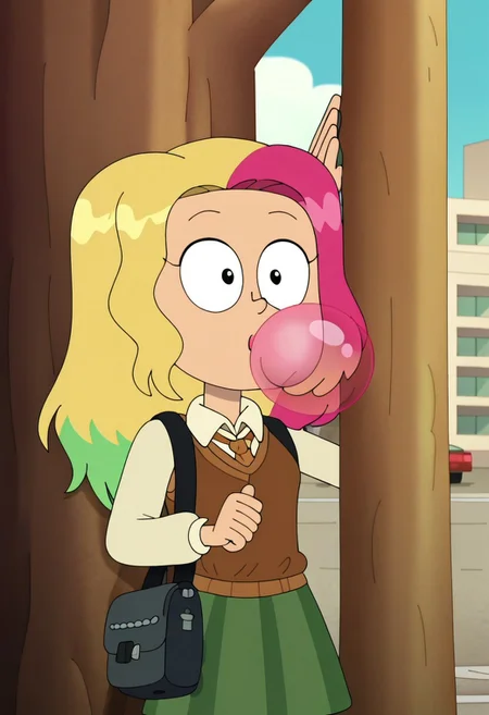 Score_9, Score_8, Score_7, SHAMPSTYLE, CHMOLLYJO, Multicolored Hair, leaning against tree, blowing bubble gum, on street,