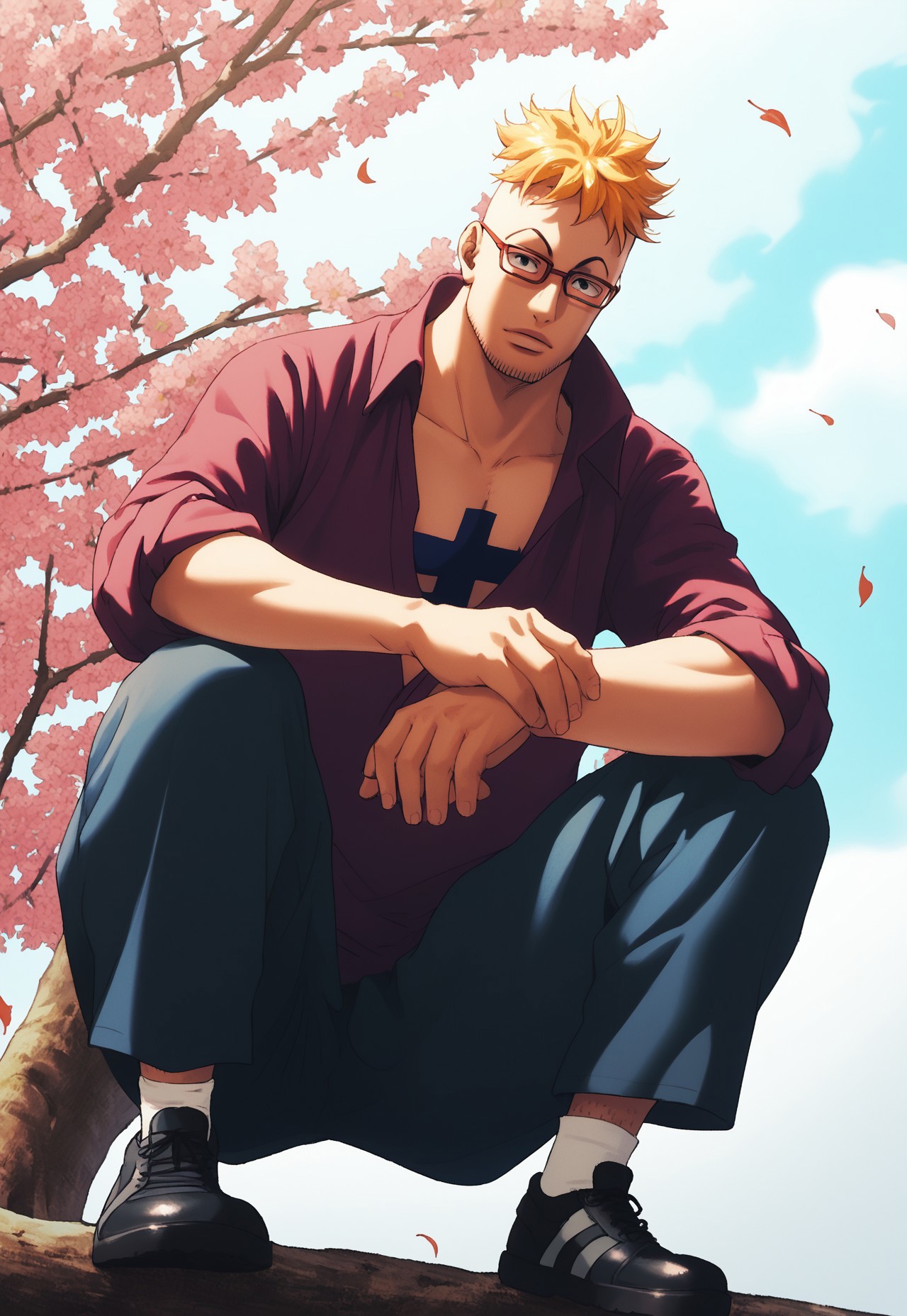 score_9, score_8_up, score_7_up, source_anime, rating_safe, sunspots, MarcoOP, black_Marco_facial hair, blonde_Marco_hair, red_Marco_glasses, black_eyes, 1boy, male focus, trousers, black footwear, ninja, squatting, looking down at viewer, hands with five fingers, on a tree branch, from below, windy drifting leaves, anime cinematic, realistic shading,