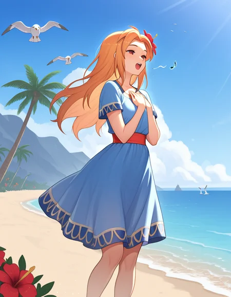 <lora:MarinTLOZAwakening:1> marintloz, ocean, beach, palm tree, blue dress, flower, singing, musical note, seagull, animal, 1girl, hands on own chest,, masterpiece,best quality,amazing quality,