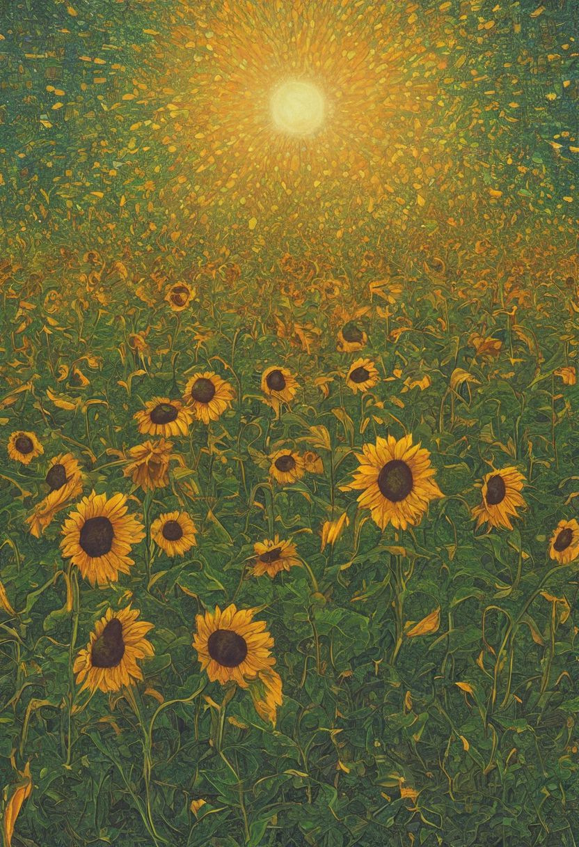 An abstract painting of a glowing sunflower field, with each flower wearing glowing sunglasses and smiling. zavy-flrscnc, fluorescent, fluorescent dust, fluorescent spraypaint, glowing dust, sss translucent subsurface scattering
glow, glowing
(masterpiece, award winning artwork)
many details, extreme detailed, full of details,
<lora:zavy-flrscnc-sdxl:0.75> 
 <lora:sss:0.8> sss translucent subsurface scattering
