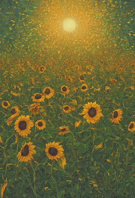 An abstract painting of a glowing sunflower field, with each flower wearing glowing sunglasses and smiling. zavy-flrscnc, fluorescent, fluorescent dust, fluorescent spraypaint, glowing dust, sss translucent subsurface scattering
glow, glowing
(masterpiece, award winning artwork)
many details, extreme detailed, full of details,
<lora:zavy-flrscnc-sdxl:0.75>
<lora:sss:0.8> sss translucent subsurface scattering