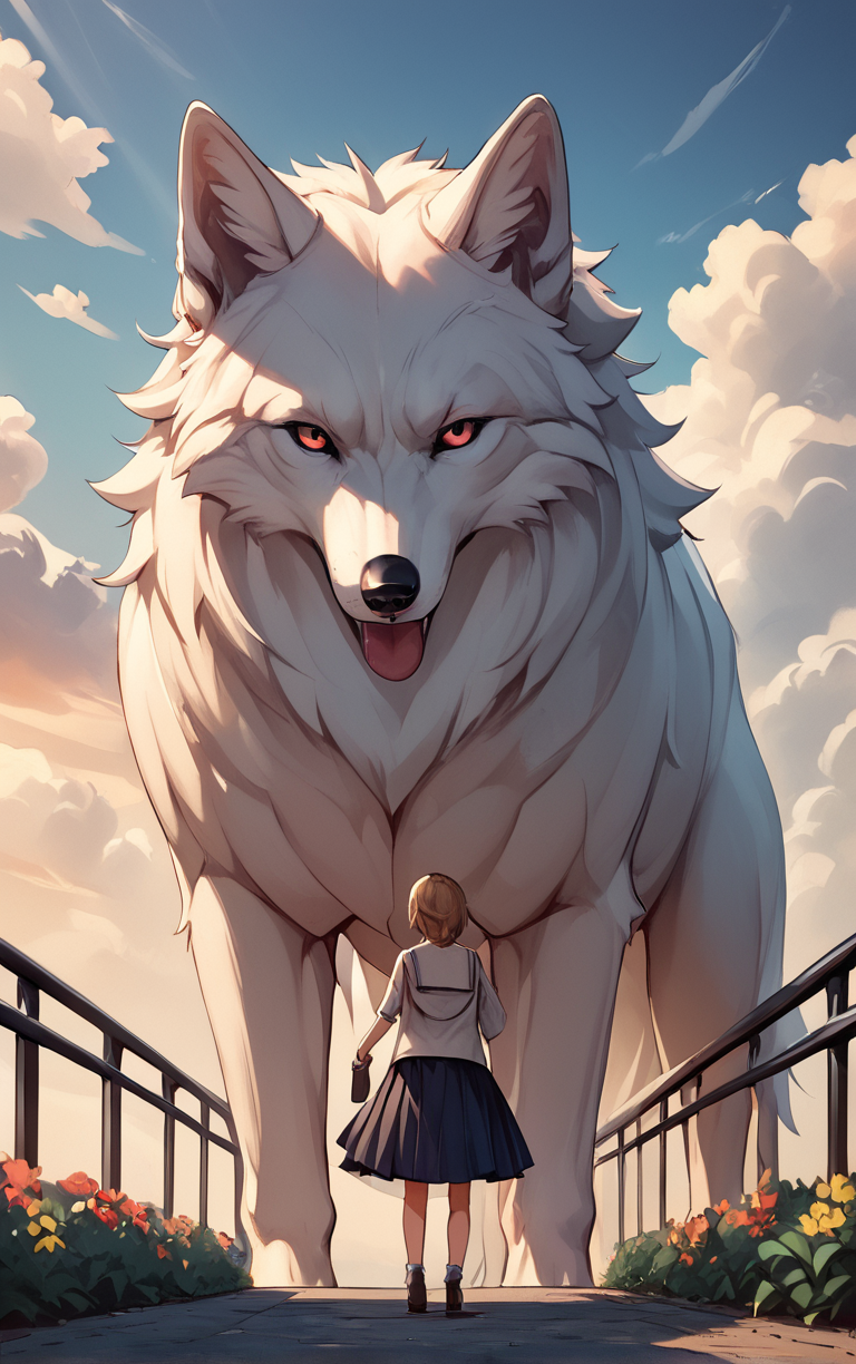 score_9, score_8_up, score_7_up, score_6_up, BREAK
CONCEPT_Oversized_Animal_ownwaifu, 
oversized animal, gray_wolf, 
1girl, outdoors, cloud, standing, sky, from behind, day, 
<lora:PONYXL_CONCEPT_Oversized_Animal_ownwaifu:1> , depth of field 
,