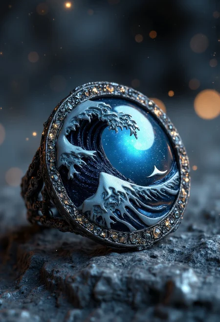 Dreamiest stylish ring with a stormy wave built into the metal setting of the ring, by Valent10179, perfect composition, beautiful, intricate, insanely detailed, octane render trending on artstation, 8k, artistic photography, photorealistic concept art, studio photo, soft natural volumetric cinematic perfect light, chiaroscuro, vibrant, high resolution,