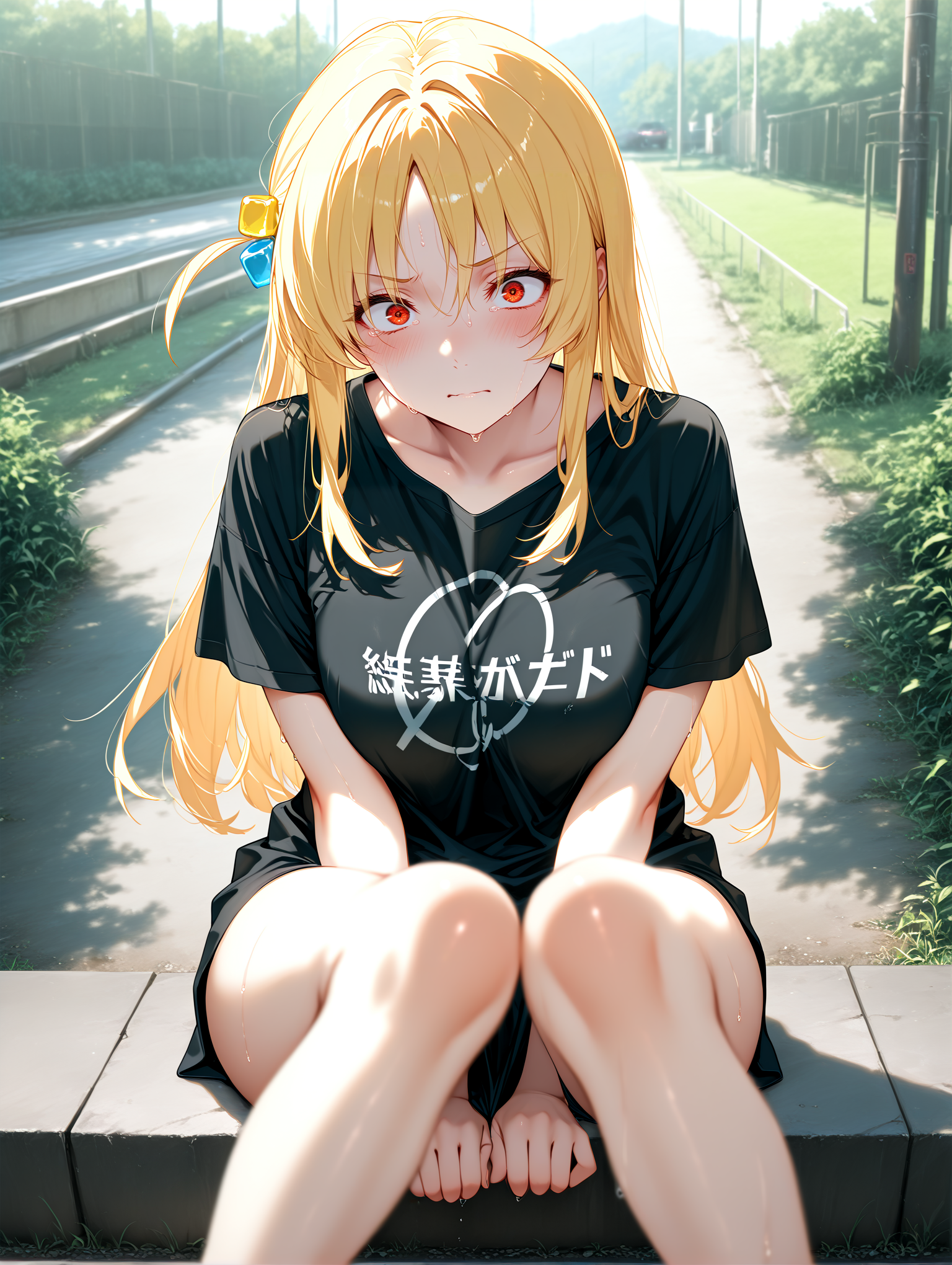 masterpiece, best quality, absurdres, amazing quality <lora:cfg_scale_boost:0.3> <lora:StS-Illustrious-Detail-Slider-v1.0:3> <lora:StS_Age_Slider_Illustrious_v1:3>,detailed_background,outdoors,shirt,deko morii,sitting,absurdres,red eyes,bocchi the rock!,angry,blonde hair,blush,highres,black shirt,1girl,ahoge,looking at viewer,solo,ijichi seika