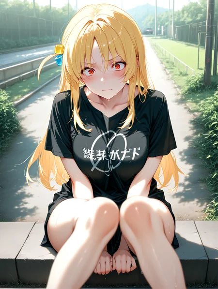 masterpiece, best quality, absurdres, amazing quality <lora:cfg_scale_boost:0.3> <lora:StS-Illustrious-Detail-Slider-v1.0:3> <lora:StS_Age_Slider_Illustrious_v1:3>,detailed_background,outdoors,shirt,deko morii,sitting,absurdres,red eyes,bocchi the rock!,angry,blonde hair,blush,highres,black shirt,1girl,ahoge,looking at viewer,solo,ijichi seika