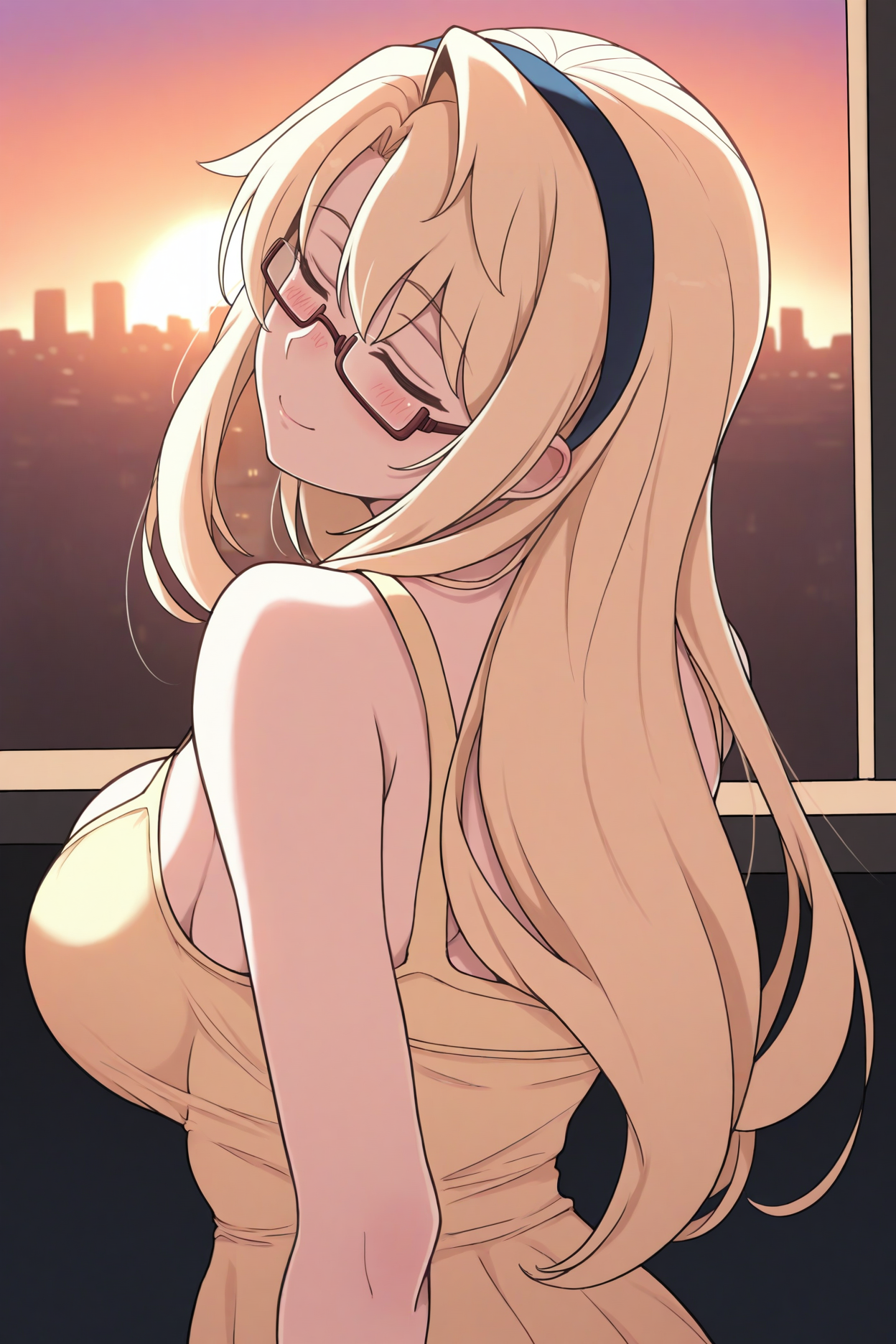 masterpiece, best quality, 1girl, solo, <lora:satellizer-illu-nvwls-v1-000006:1> satlzr, blonde hair, long hair, hairband, big breasts, under-rim eyewear, glasses, yellow sundress, from behind, looking back, looking at viewer, closed eyes, blush, smile, sunset, cityscape
