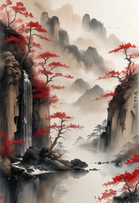 traditional japanese art style, ink on paper, wabi-sabi, henna and carmine, sepia, BREAK, image of waterfall in a forest, fast flowing river through a ravine, ananmo