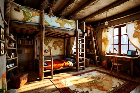 no humans,no animals,A amazing snapshot of a Adventure Loft Bedroom, a loft-style bedroom with a wooden bunk bed, climbing wall grips along one side, and a world map mural. The room includes a rope ladder, cozy reading area below the loft, and adventure books stacked in crates.,, Masterpiece,best quality,realistic,HDR, 8K, masterpiece, best_quality, absurdres, ultra-detailed, highly_aesthetic, depth_of_field
