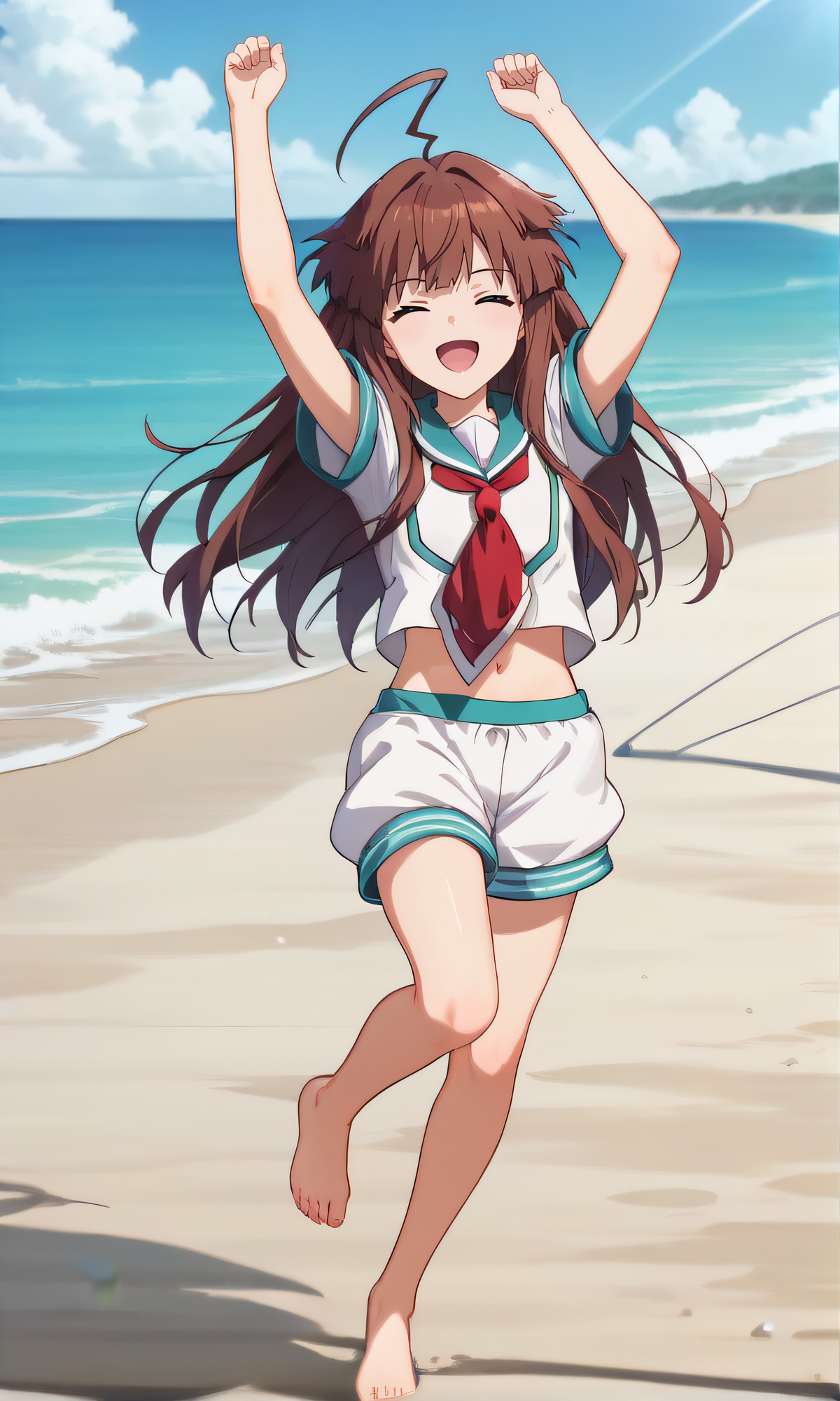 score_9, score_8_up, score_7_up, source_anime, rating_safe, intricate details, anime screencap, official style, anime coloring, 1girl, solo, <lora:Kuma:1>, kuma, long brown hair, closed eyes, serafuku, navel, short sleeves, white shorts, looking at viewer, outdoor, arms up, open mouth, jumping, full body, barefeet, smile, blue sky, sand, beach, five fingers