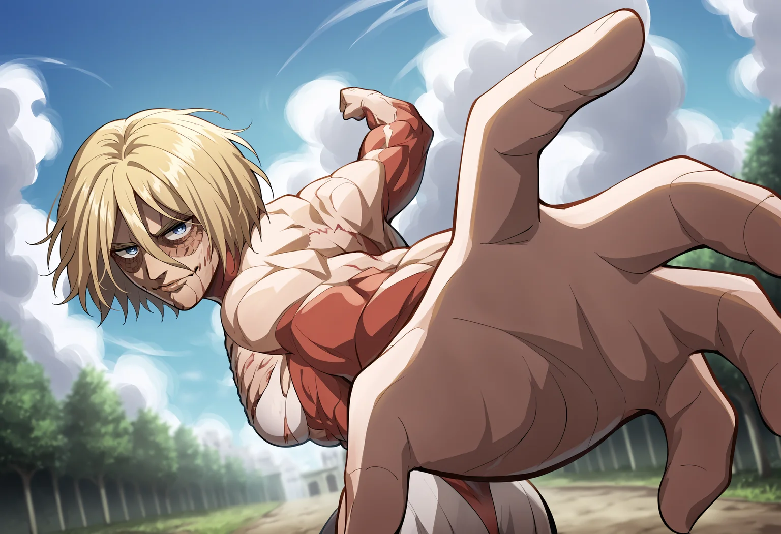 score_9, score_8_up, score_7_up, score_6_up, score_5_up, score_4_up, BREAK, source_cartoon, source_anime,
1girl, female titan, blonde hair, short hair, blue eyes, muscular, scar,
IncrsPunchMeme, incoming punch, blue sky, meadow
<lora:FemaleTitanXL:1> <lora:PepePunchMeme_XLPD:1>