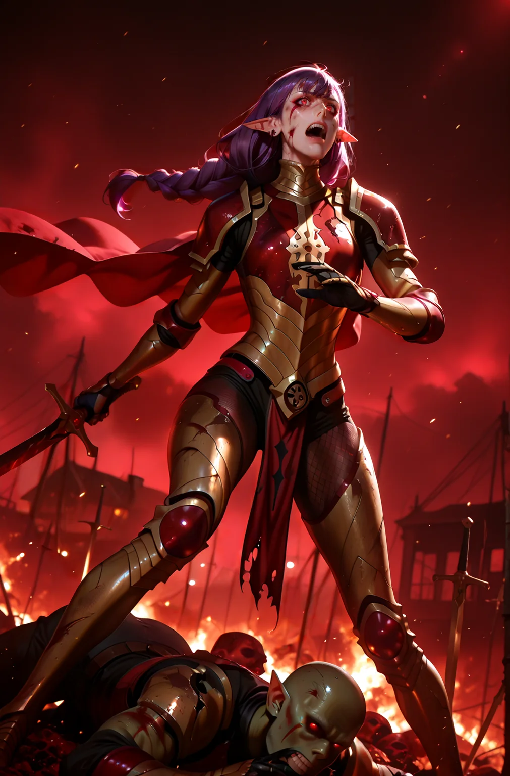 hyperrealistic art cinematic photo Volumetric Lighting, Vibrant Rim Light, masterpiece, best quality, amazing quality, 1girl, Esil Radiru, dutch angle, holding sword, (standing),wearing gold and red armor, red cape, pauldrons, breastplate, gauntlets, torn fishnet stockings, pelvic curtain, greaves, single braid, long hair, purple hair, red eyes, facial mark, pointy ears, earrings, screaming, rage,
BREAK detailed background,battlefield, fog, smoke, red light, fire, fierce battle, dynamic pose, action pose, standing on pile of corpses, killinga goblins with her sword, raytracing,
BREAK, primitive goblins wearings rags and leather,ugly goblins, (green skin), dead goblins on the ground, dirty, gore, scratches, bald goblin, scratches, bloody daggers, blood splatters,
BREAK <lora:SoloLeveling_EsilRadiru_IlluXL:0.8> <lora:MoriiMee_Gothic_Niji_Style_Illustrious_r1:0.75> artist:moriimee <lora:Sinfully_Stylish_1.0_Pony:0.8> sinfully stylish, dramatic lighting, soft light, long shadows, bright rim light, high contrast, bold edge light, light depth, dramatic atmospheric lighting, Volumetric Lighting . 35mm photograph, film, bokeh, professional, 4k, highly detailed . extremely high-resolution details, photographic, realism pushed to extreme, fine texture, incredibly lifelike