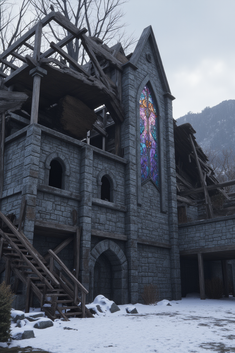 3DGame,The image depicts a dilapidated stone structure, possibly an old church or chapel, set against a snowy landscape. The building's roof is partially collapsed, revealing a skeletal framework of wooden beams. Snow blankets the ground and the remnants of the structure, highlighting the desolation. A prominent feature is a large, intact stained glass window, which stands out against the ruinous backdrop. The window's intricate design suggests a religious theme, possibly depicting an angel or saint.
The stone walls are weathered and show signs of decay, with several arched openings that once might have been windows or doorways. A wooden staircase, now broken and leaning precariously, leads to an upper level, adding to the sense of ***********. The surrounding environment is stark, with bare trees and distant mountains, enhancing the feeling of isolation. The sky is overcast, casting a soft, diffused light over the scene, which contributes to the overall somber and melancholic mood of the image.