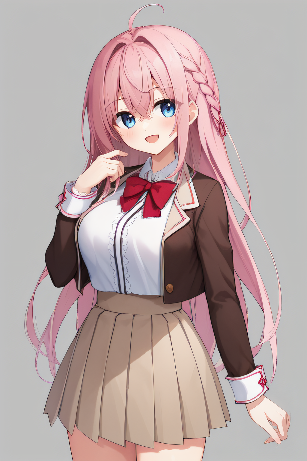 score_9, score_8_up, score_7_up, source_anime, rating_safe, intricate details, anime screencap, official style, 1girl, solo, <lora:Izumi_Maaya:1>, maaya, pink hair, blue eyes, ribbon hair wrap, ahoge, long hair, school uniform, white shirt, red bowtie, dark brown jacket, cropped jacket, large breasts, juliet sleeves, white cuffs, pale brown skirt, pleated skirt, thighs, looking at viewer, smile, simple background, cowboy shot, hand up