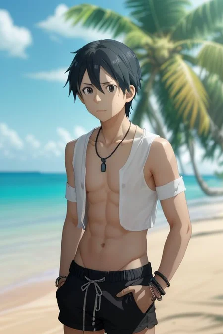 high resolution, solo, best quality, 1Boy, Kazuto Kirigaya, portraits, Black Hair, Black Eyes, shallow depth of field, beach, open shirt, shorts, sixpack, necklace, bracelet, coconut tree, OverallDetail