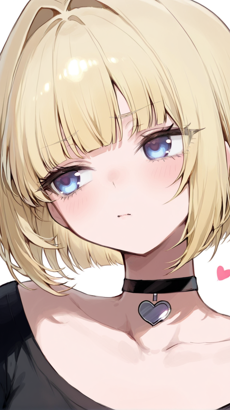 1girl, solo, looking_at_viewer, blush, short_hair, bangs, blue_eyes, blonde_hair, simple_background, shirt, white_background, closed_mouth, purple_eyes, collarbone, upper_body, heart, choker, blunt_bangs, black_shirt, black_choker, hair_intakes, bob_cut, portrait, heart_choker