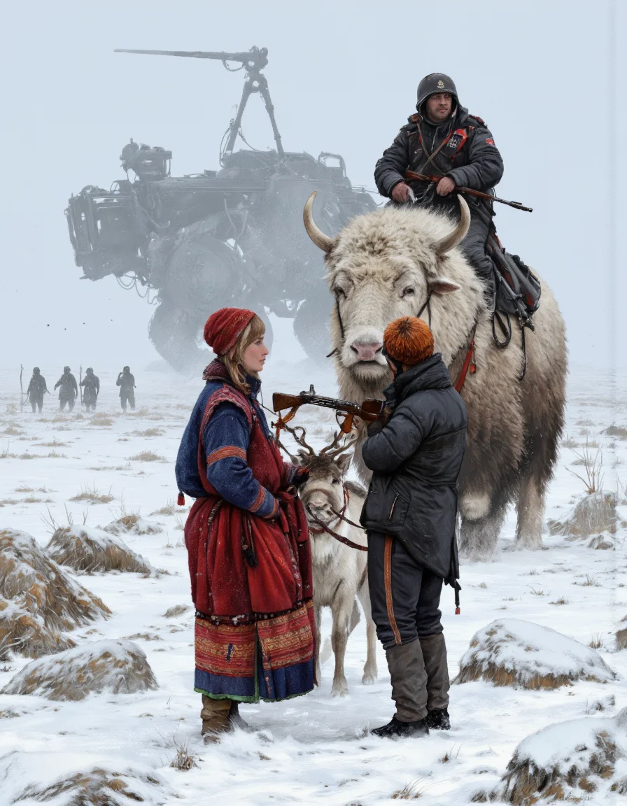 By Jakub Rozalski. A digital illustration shoot from a far camera angle about a snowy landscape with a group of soldiers and a large musk oxen in the foreground. the scene is set in a cold, snowy environment with a large, armored vehicle in the background. the image also shows a snow-covered field with a few other soldiers and vehicles in the distance. on the left side of the image, a woman wearing a red and blue traditional dress and a red hat is standing with a reindeer pulling her, while on the right side, a man wearing a black jacket and holding a rifle stands with his back to the viewer, looking down at the scene. the woman appears to be in her early twenties, and she has a calm expression on her face. the man is sitting on the back of the muskox, and he has a serious expression on his face. in the middle of the scene, a few soldiers are standing, and they appear to be engaged in a battle. the ground is covered in a thick layer of snow, and the background is filled with a hazy, misty atmosphere. the overall mood is cold and cold, with a sense of tension and action.