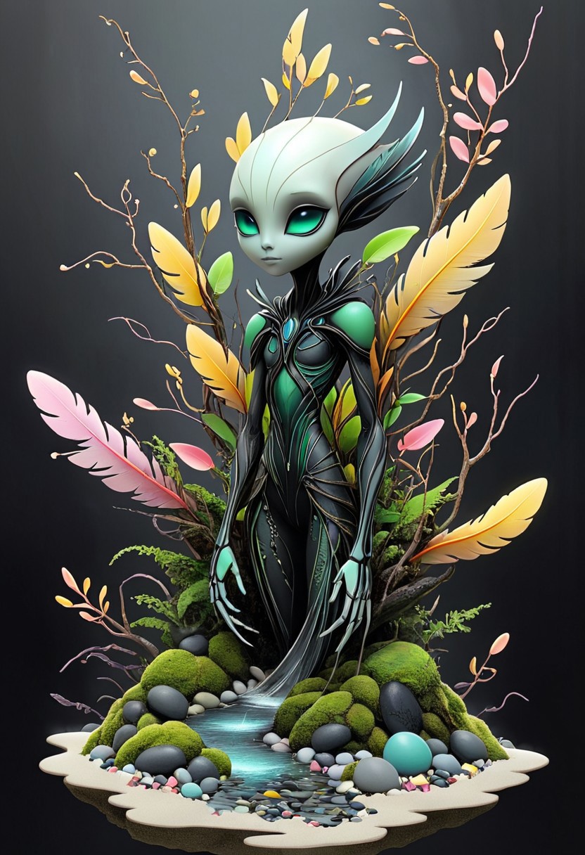 artmdfstff2, illusionist, alien, character concept, black linework, white background, neon's and pastels, fantasy setting, world building, dark fantasy, organic, made of stuff, construct, moss, Leaves, petals, pebbles, water, sand, feathers, twigs