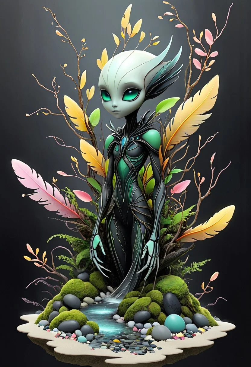 artmdfstff2, illusionist, alien, character concept, black linework, white background, neon's and pastels, fantasy setting, world building, dark fantasy, organic, made of stuff, construct, moss, Leaves, petals, pebbles, water, sand, feathers, twigs