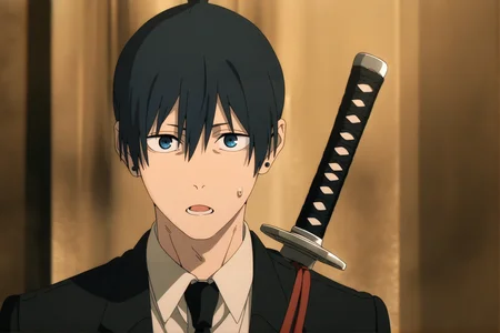 1boy,weapon,sword,hayakawa aki,male focus,black hair,katana,solo,blue eyes,collared shirt,suit,earrings,formal,sweatdrop,jewelry,short hair,shirt,stud earrings,necktie,weapon on back,white shirt,black jacket,black necktie,jacket,suit jacket,open mouth,looking at viewer,ear piercing,piercing,topknot,hair between eyes,black suit,anime coloring,masterpiece,best quality,amazing quality,very aesthetic,highres,absurdres,<lora:Chainsaw man animation style-NOOB05-lokr:0.8>,