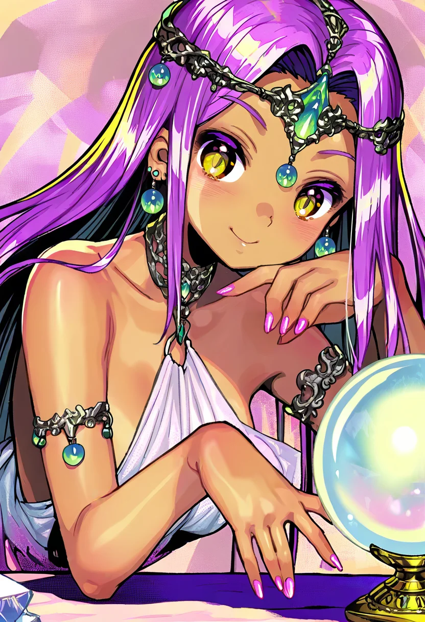 1girl, breasts, solo, purple hair, long hair, dark-skinned female, jewelry, earrings, smile, dark skin, circlet, armlet, crystal ball, cleavage, dress, tan, blush, nail polish, yellow eyes, closed mouth, collarbone, pink nails, upper body <lora:gyokaiXL_NBVP1_lokr_V6311P:0.95>