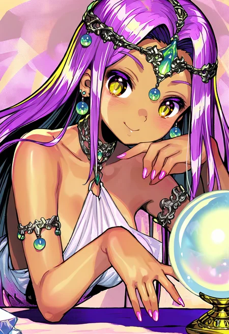 1girl, breasts, solo, purple hair, long hair, dark-skinned female, jewelry, earrings, smile, dark skin, circlet, armlet, crystal ball, cleavage, dress, tan, blush, nail polish, yellow eyes, closed mouth, collarbone, pink nails, upper body <lora:gyokaiXL_NBVP1_lokr_V6311P:0.95>