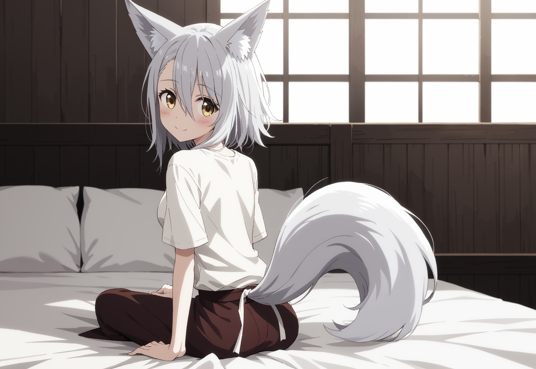 safe_pos, safe_pos, safe_pos, safe_pos, safe_pos, safe_pos, safe_pos, safe_pos, safe_pos, safe_pos, safe_pos, 1 girl, solo focus, silver fox ears, silver fox tail, , Score_9, Score_8_up, Score_7_up, fine details, small face, medium breasts (size B), short straight hair (bob), shoulder-length hair,  silver hair (moon silver), big eyes, bright golden eyes (sun gold), straight hair, infinitely cute, pretty, asymmetrical bangs between eyes, loose hair, loose hair over sides of head, hair covering sides of head, masterpiece, anime source, bold colors, soft facial features, petite, cute, very petite and slim, short stature, small body, young

sitting, sitting on bed, white shirt, cloth trousers, medieval, focus on fox tail, view to viewer, back view, holding tail to viewer, strong blush, shy smile, solo, alone