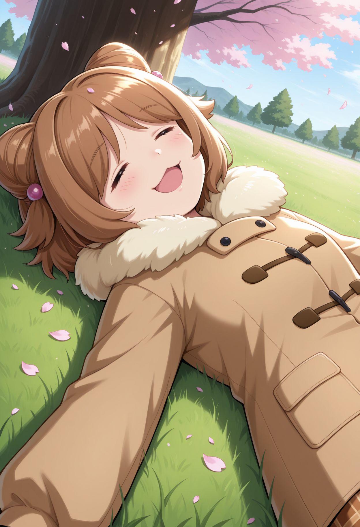 masterpiece,best quality,absurdres,highres,very aesthetic,high quality,detailed,insanely detailed,beautiful,perfect lighting, 
 <lora:Yuko illu:1>1girl, cherry blossoms, brown hair, closed eyes, sleeping, open mouth, outdoors, grass, brown coat, blush, plaid skirt, petals, hair ornament, lying, , smile, on back, long sleeves, :3, short hair, hair bun, day, tree, fur trim, hair bobbles