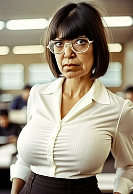40 year old woman wearing tight black bellbottom trousers, dark brown bowl-cut, thick glasses, big nose, huge eyes, stroppy looking, white blouse, big tits straining blouse to bursting point,
big thighs, big hips, office, close-up
<lora:Belle:0.7>