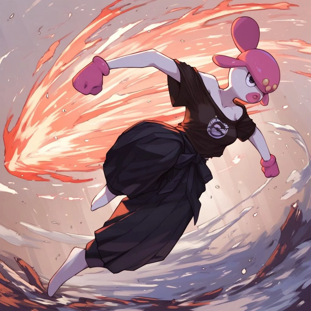 (Bfwf | (aqm:0.7), (score_9, score_8_up, score_7_up, score_6_up), source_anime, ratings_questionable, ((solo)), anthro,
Medicham_(Pokemon), small breasts,
((Black t-shirt, black hakama)), off-shoulder,
Fighting stance,
Forrest,