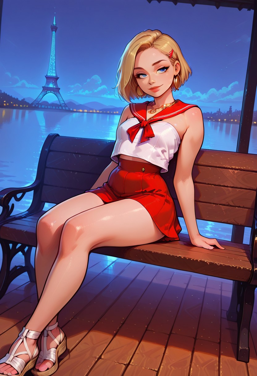 ((masterpiece)), high quality, safe_9, score_9, score_8_up, score_7_up, score_6_up,source_anime, 1girl, beautiful face, petite, suzie, short blonde hair, blue eyes, Full Body Shot, cute, seductive, innocent, light smile:0.3, plump lips,  gold necklace, strapless white vest, gold hoop earrings, two hair clips on the sides, denin short red skirt Sailor, sitting on a bench along the seine river, flat leather sandals, Eiffel Tower background, depth of field, dynamic angle, fashion photography, sharp, hyperdetailed:1.15cinematic lighting, dynamic angle, detailed, intricate details, perfection, perfect light, detailed light,  melkor_style, g0thic, glowing, neon,