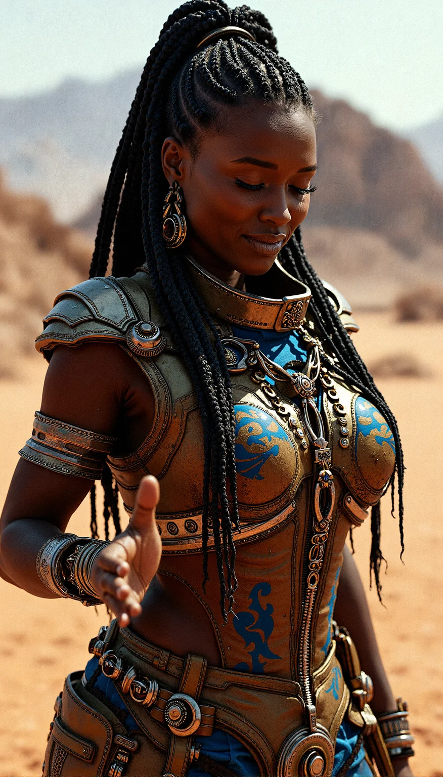 Photorealistic depiction of a beautiful, curvaceous and muscular dark-skinned female Tech-Nomad in a Post-Apocalyptic Desert,
Aesthetics improvement includes subtle weathering effects on her outfit, such as scratches, dirt, and wear marks, to suggest extensive use and rough conditions.Utilize realistic lighting that reflects off the metallic parts of her outfit, casting dynamic shadows on her and the surrounding environment. Enhance the textures of her outfit to differentiate between fabric, metal, and synthetic materials, giving a tactile sense of realism.layered tribal patterns with blue and gold accents on her high-collared shirt, complementing her intricate braids and the fractal background.
raising one hand lightly to her lips, fingers gently touching, half-closed eyes, head tilted slightly down, with a soft smile.