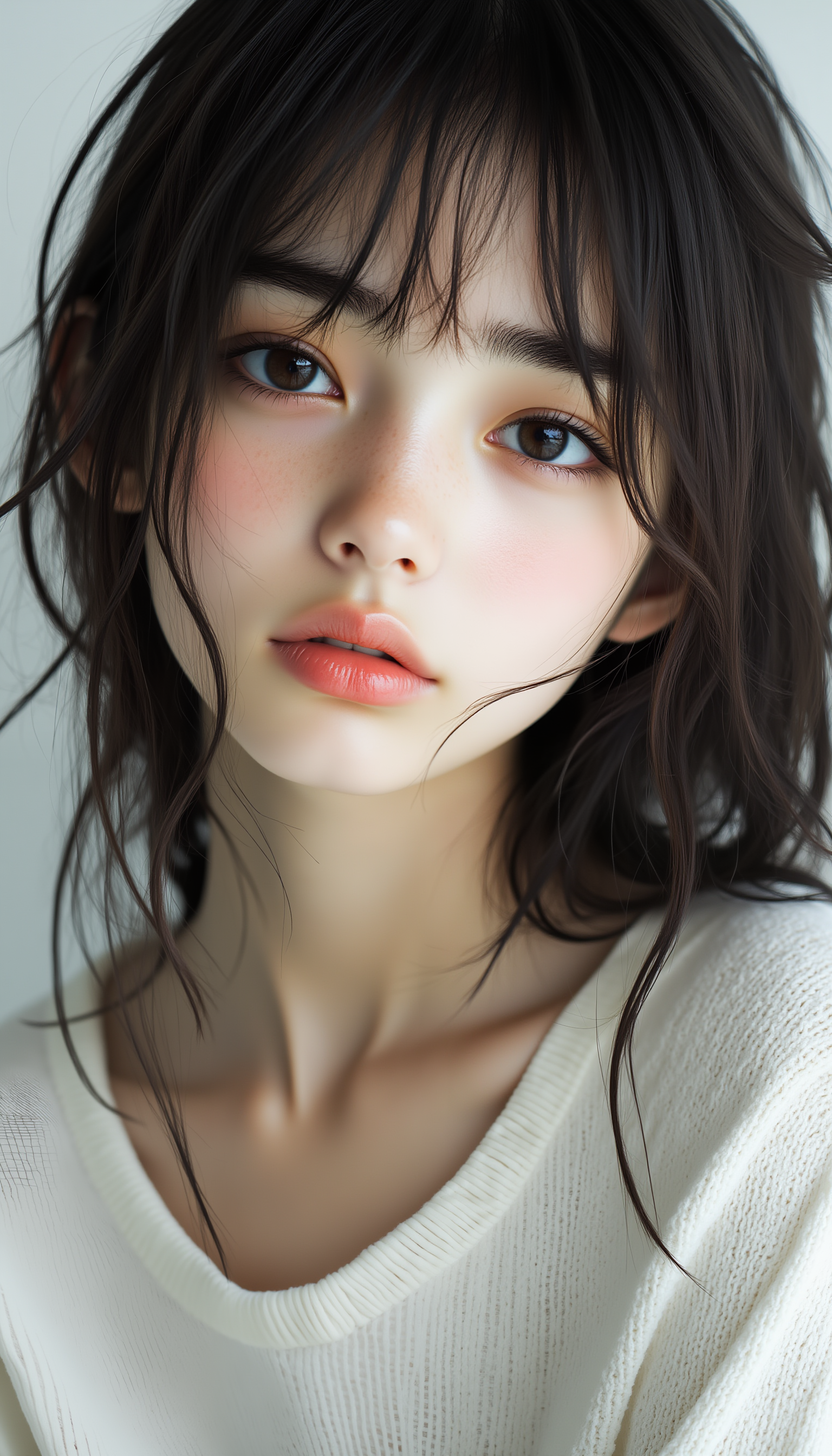 midjourney_whisper_innocent_eyes, beautiful teenage Japanese girl, expressive innocent eyes, undeniable inner strength, perfectly proportioned face, model-like features, natural beauty, minimal makeup, youthful charm, simple background, captivating gaze, understated stylish outfit, elegance and poise, <lora:midjourney_whisper_innocent_eyes_v01:1>,