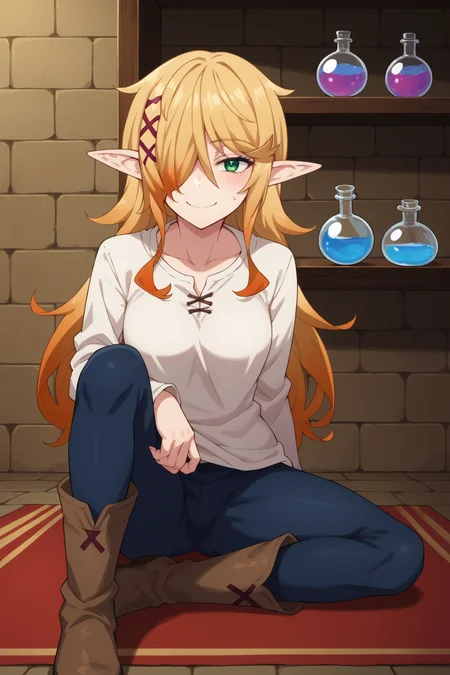 score_9, score_8_up, score_7_up, source_anime,
<lora:reviewers_zel-mtf_epoch_3:1> zel-mtf, solo, 1girl, x hair ornament, green eyes, blonde hair, elf, long hair, hair ornament, hair over one eye, pointy ears,
white shirt, blue sweatpants, brown footwear, boots,
sitting, knee up, looking at viewer, smile, smirk,
indoors, red carpet, brick wall, shelf, potion,