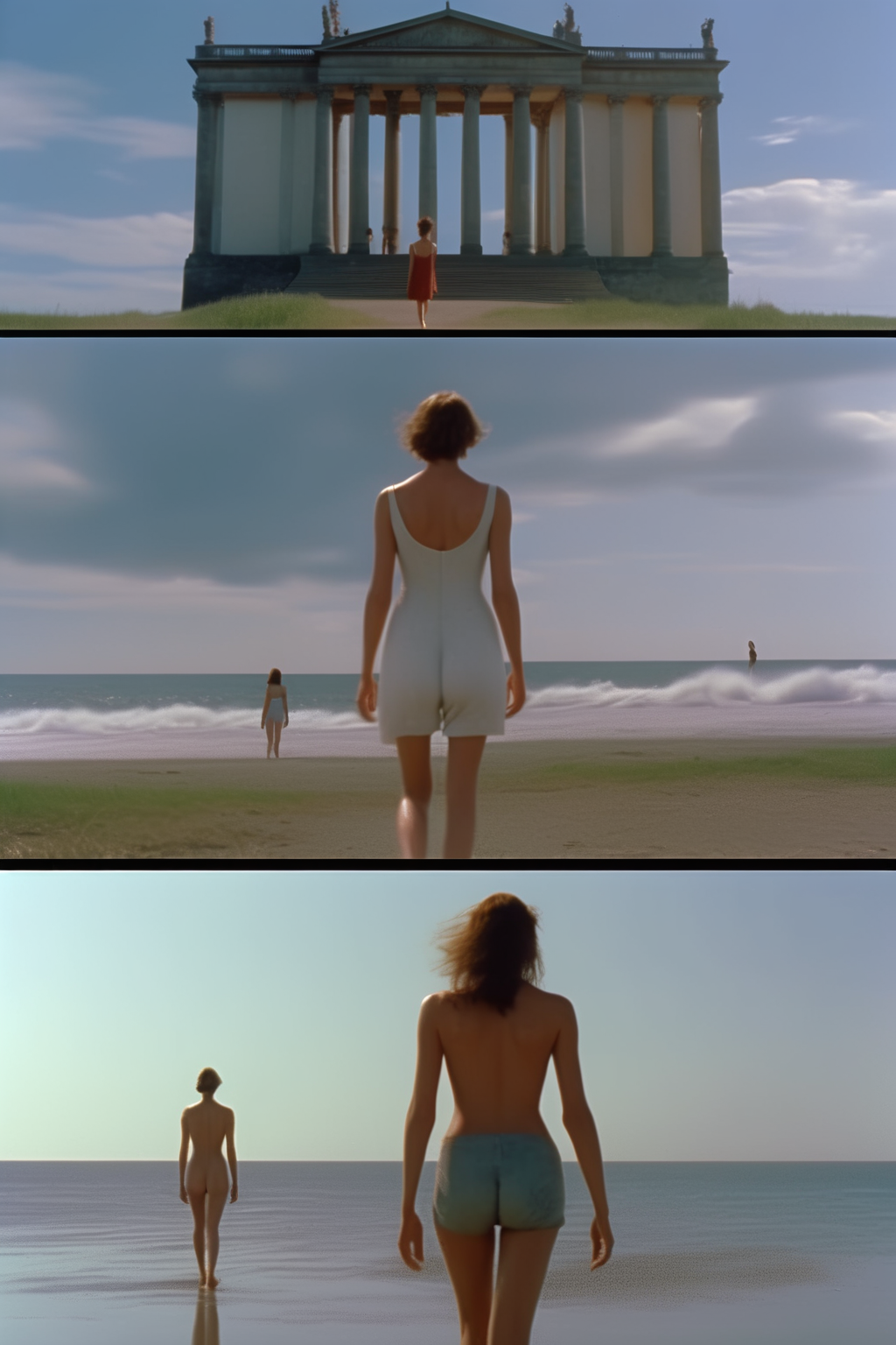 <lora:Director Terrence Malick style:1>Director Terrence Malick style - year of 2000, blurred shots, summer, kodak film,Pride and Prejudice inspired, one young woman walks past a beach, she is a giant and tall woman that is bigger than the building, people swim in the sea and look tiny compared to the beautiful giant woman, long shot, overview shot. midsommer movie still, surreal