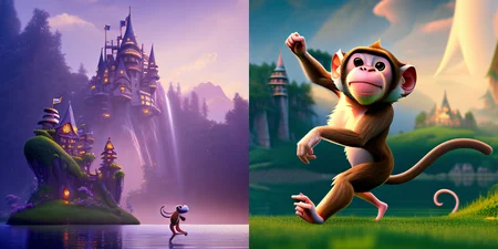 a monkey running in a lake castle faraway in horizon, cartoona-animals