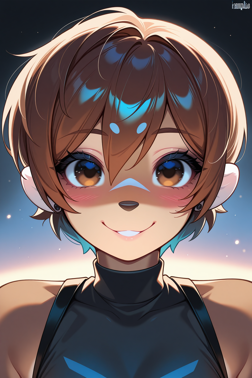 masterpiece, best quality, newest, highres,very aesthetic, absurdes, detailed eyes, beautiful, perfect eyes , 1girl, furry_female,mikhaila, short hair, brown hair, portait, smile, looking at viewer